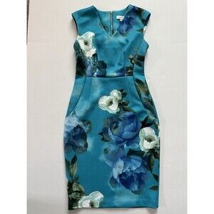 Calvin Klein Dress Womens Size 6 Teal Floral Sheath Sleeveless Stretch Cocktail